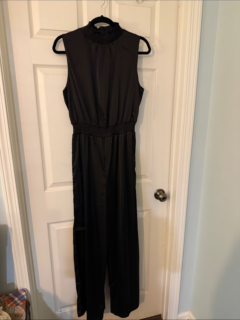 She + Sky Black Sleeveless Smocked-Waist Jumpsuit
